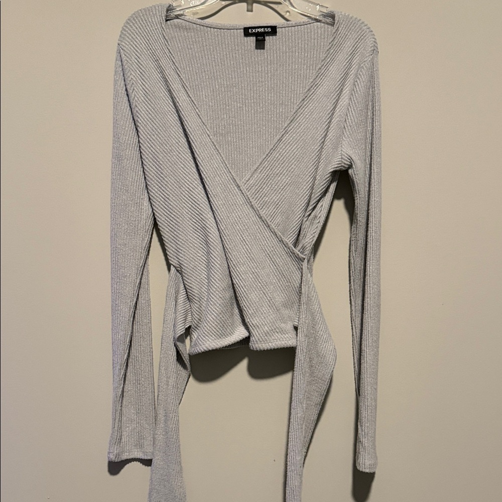 Express Light Gray Ribbed Wrap Blouse - image 4